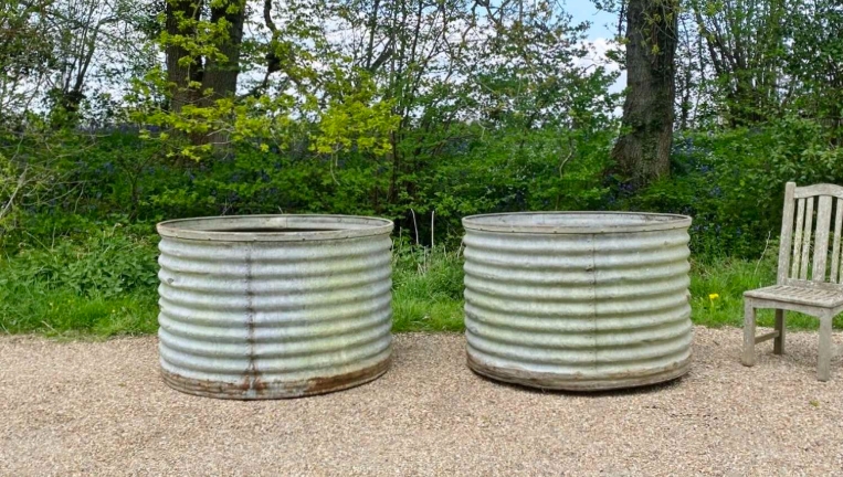 galvanised plant pots