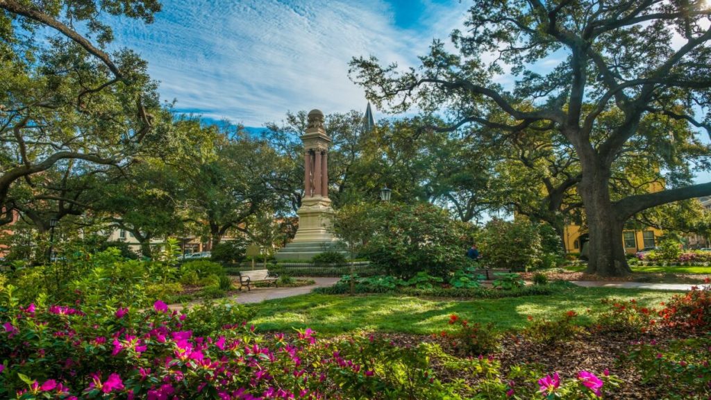 Historic monument and garden landscape in a Savannah park